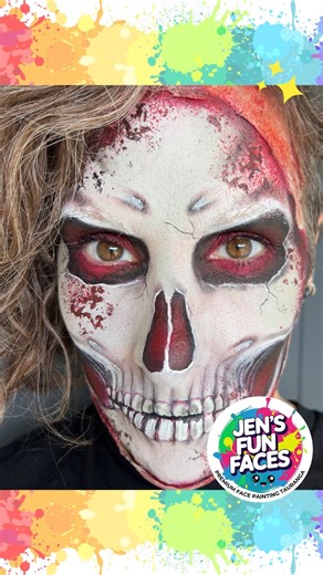 A close up look of the Bloody Skull I painted as part of the @facepaintingschool IFPS Powerhouse Skull Collaboration. I didn’t get any process content as I had little over an hour to get this painted (including the latex application) 🤪 BUT wait to the end to see the satisfying & hilarious removal process 😝 #IFPSPowerhouse #skullmakeup #skull #skullfacepaint #halloween #girlswholikeskulls #ifpshalloweenchallenge #ifpshalloween | Jen's Fun Faces