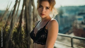 Blonde model wearing black lace lingerie standing confidently on balcony, showcasing elegant silhouette against blurred urban cityscape backdrop during glamorous photoshoot