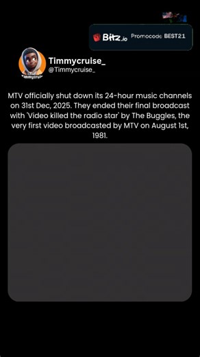 Timmycruise on Instagram: "This video captures the poignant final moments of MTV's 24-hour music channels, which officially ceased operations on December 31, 2025, after a remarkable 44-year run. It begins with a nostalgic clip of "Video Killed the Radio Star" by The Buggles playing on an old-school TV screen, overlaid with the MTV logo and a "NOW Goodbye From MTV Music" banner. The footage shows snippets of the iconic music video—featuring performers in shiny outfits, keyboards, guitars, and su