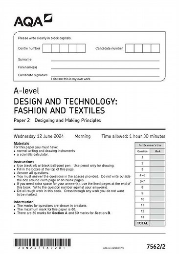 AQA A Level Design And Technology Fashion And Textile Paper 2 7562 2 Designing And Making Principles