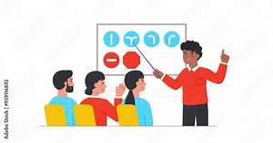 Education process in driving school. Moving banner with teacher explaining traffic rules and road signs to students. Characters receive drivers licenses. Cartoon flat animated graphics