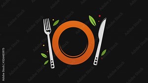 empty plate, cutlery and green leaf- health food, recipe, restaurant animation