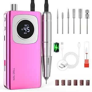 Electric Nail Drill Professional: Rechargeable Nail File with Bits for Acrylic Gel Nails, Professional Nail Drill Manicure Pedicure Polishing Shape Tools for Home Salon