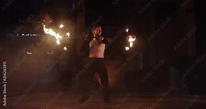 Fire Performer Spinning Fire Poi In Abandoned Building Danger Risk Nightlife Low Light Fog Slow Motion 8k Red Epic Stock Video