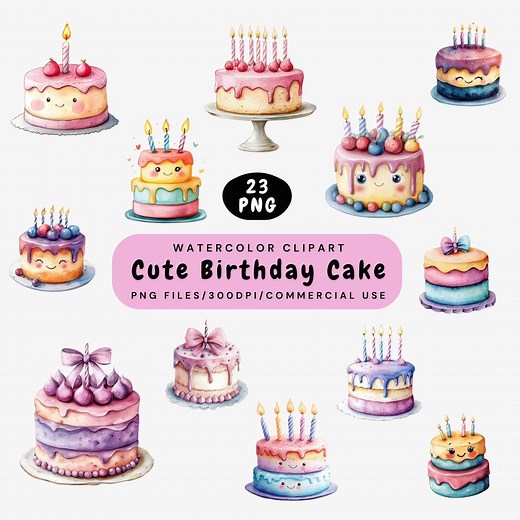 Cute Birthday Cake Clipart: Watercolor Party PNG Bundle, Fun Dessert Digital Download, Celebration Cake Clip Art, Commercial Use - Etsy