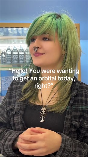 An orbital is two separate piercings connected through a stratigicly fitted and placed ring! A conch piercing should be pierced with a straight post/stud to ensure a happy and healthy heal. To install a ring into your conch piercing, you must wait at least the fully alloted healing time of 6-9 months. Many people need to wait longer to allow the healed piercing to mature enough to accommodate for a ring comfortably. Some people even find a ring in their well healed conch to be uncomfortable and 