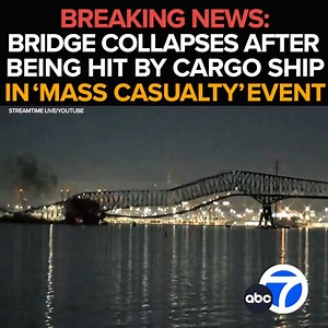 792K views · 5.6K reactions | BREAKING NEWS: A major portion of the Francis Scott Key Bridge in Baltimore, Maryland collapses after being struck by a massive cargo ship. Eyewitnesses report several cars and construction crews on the bridge at the time of the collapse into the river below. Now, dozens of rescue crews and investigators are descending on the scene. Live updates continue on Eyewitness News - This morning at 6 from ABC7. https://abc7.com/14571840 | ABC7 | Facebook