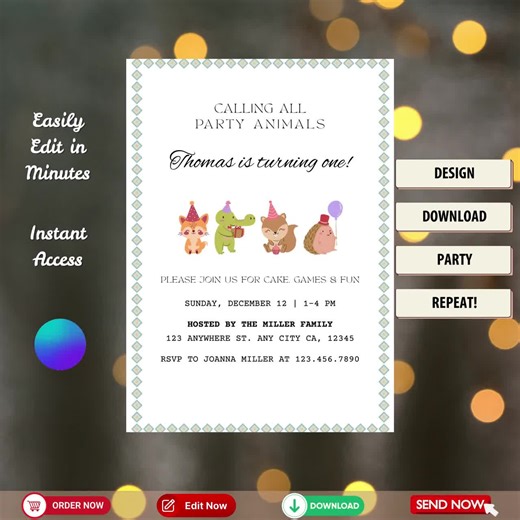 Party Animal Invitation Template: Kids Birthday Safari Fun Canva Editable (Digital Download)