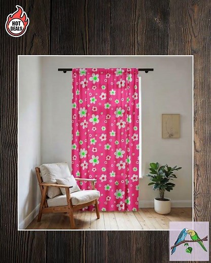 Bright Pink Floral Pattern Sheer Window Curtain | White & Green Daisies