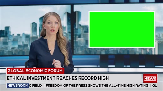 Newsroom TV Studio Live News Program: Caucasian Female Presenter Reporting, Green Screen Chroma Key Screen Picture. Television Cable Channel Anchor Woman Talks. Network Broadcast Mock-up Playback | Premium Stock Video Footage
