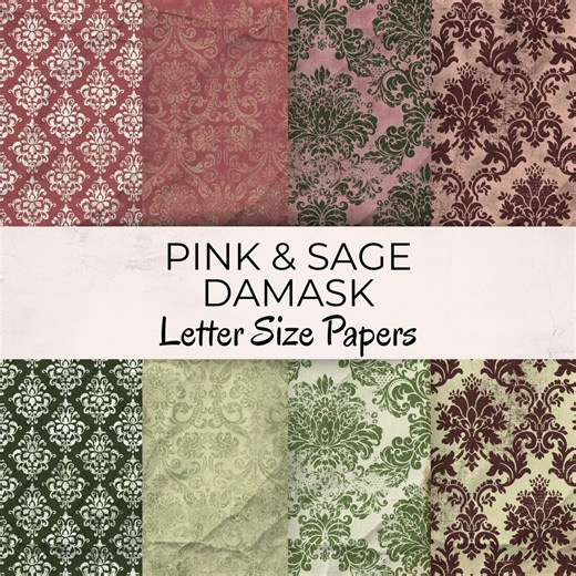 Pink and Sage Damask Letter Size Digital Paper Pack - Shabby Scrapbook Pages - Printable Textures for Handmade Ephemera and Crafts - Etsy