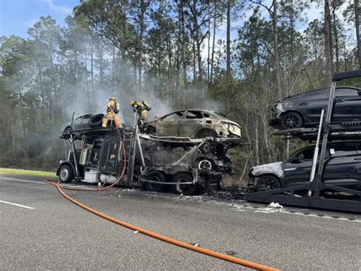 I-12 westbound near mile marker 77 closed due to 18-wheeler car carrier fire