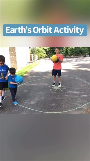 Earth’s Orbit Activity 🌎 ages 2 🌎Here’s a great activity for Earth Day or any day! It’s such a great way to keep them moving and teach them about how the Earth orbits the Sun and the Moon orbits the Earth! 🌞 🌍 🌙 👉 MATERIALS NEEDED: - Sidewalk chalk - Balls (optional to symbolize the planets) 👉 WHAT TO DO 1. Start by drawing the Sun on the pavement using sidewalk chalk. 2. Then draw a large circle around the Sun. This will be the path the Earth will follow around the Sun. 3. Ask one person