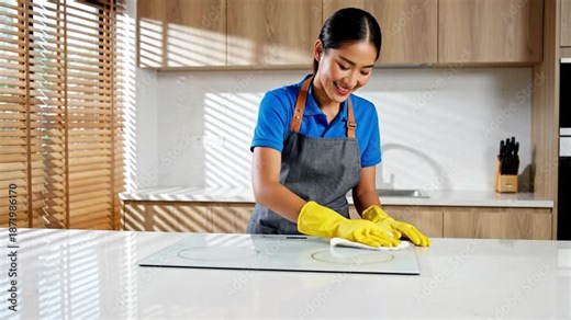 Young woman cleaning kitchen countertop with smile using cloth and gloves in bright modern home interior