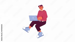 Caucasian office man working on laptop 2D character animation. Business person on computer flat cartoon 4K video, transparent alpha channel. Businessman doing work animated person on white background