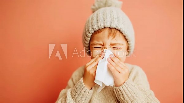 Sick little boy with a runny nose sneezing and using a paper tissue. Kid feeling unwell with a cold, flu, or seasonal allergy