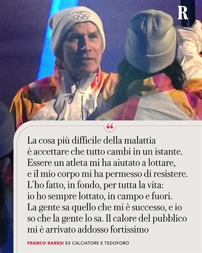 L’emozione più grande della notte di San Siro, forse sì. Franco Baresi che porta il fuoco nello stadio insieme a Beppe Bergomi, amico e avversario di tanti derby, le due anime calcistiche di una città intera. Il capitano Baresi e la sua lotta contro la malattia, una leggenda dello sport italiano nel luogo che lo vide vincere e lottare. È stato un momento capace di andare oltre il calcio, oltre il tifo, per entrare nelle case e nella vita di tanti. Il dolore e lo sport, ma anche la speranza e il
