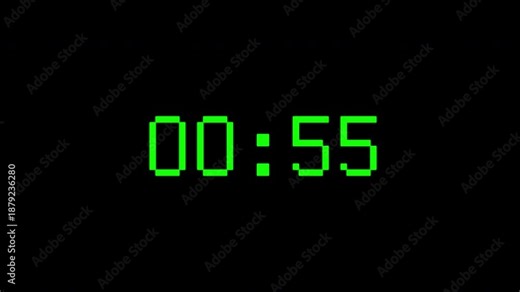 Digital countdown clock timer in one minute or 60 seconds to zero second. Green text number on Black transparent background. 4K alpha Channel