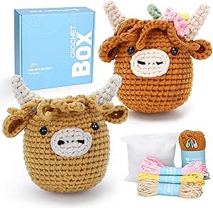 CrochetBox Crochet Kit for Beginner, 2 PCS Highland Cow Easy Learn How to Crochet Stuffed Animals Gift for Adults and Teen(), Knitting Set with Yarn Hook Stitch-by-Stitch Video Tutorial