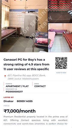 Top Selling Property l Real Estate Platform l Pan India on Instagram: "🏠 APARTMENT / FLAT Property Ganasari PG for Boy's has a strong rating of 4.9 stars from 11 user reviews at this specific location, with general reviews for the business averaging 3.8 stars 📍 61/1, Pipeline Rd, opp. BDCC Bank, DNR Layout, Malleshwaram, Bengaluru, Karnataka 560003, BENGALURU URBAN 💰 ₹7,000/month 🏠 Config: APARTMENT / FLAT 📐 Area: Contact 🔗 View Details: 👉 https://www.topsellingproperty.com/property/PID00