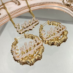 Custom Name Bamboo Hoop Earrings & Necklace Set: Personalized Bling Nameplate Jewelry Gift - Etsy