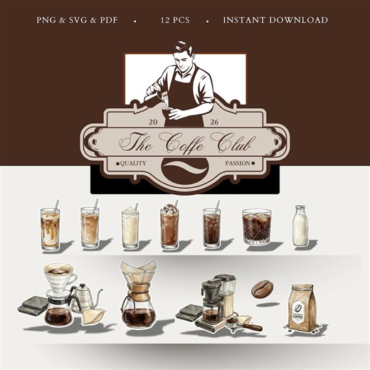 Iced Coffee Clipart Illustrations: Watercolor Coffee Icons Set (digital Download) - Etsy