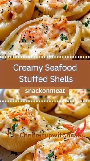 Creamy Seafood 🍣 Stuffed Shells INGREDIENTS Seafood Filling: • 8 oz lobster meat • 8 oz lump crab meat • 3 garlic cloves, minced • 1 tablespoon all-purpose flour • Salt and pepper, to taste • 1 cup shredded mozzarella cheese (divided into 2 portions of ½ cup each) • 1½ tablespoons butter (divided) • 8 oz cream cheese • ½ cup heavy whipping cream • 34 cup Parmesan Reggiano cheese, grated For Baking: • Aluminum foil DIRECTIONS 1. Prepare the Seafood: In a large skillet over medium heat, melt ½ ta