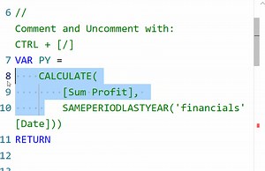 Shortcut Keys in #PowerBI to make life easier: 💠Comment and Uncomment: CTRL [/] 💠Move Line Up/Down: ALT ⬆️/⬇️ 💠Show Suggestions: CTRL [SPACE] 💠Select all: CTRL SHIFT [L] Courtesy: Injae Park | Excel Basement