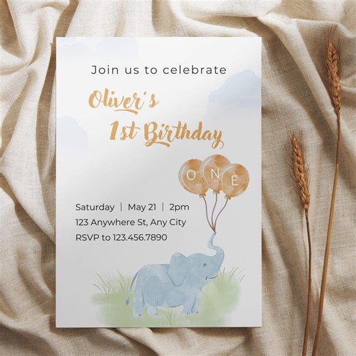 Elephant First Birthday Invitation Template, Soft Neutral 1st Birthday Invite, Editable Canva Digital Download, Boy Girl First Birthday - Etsy