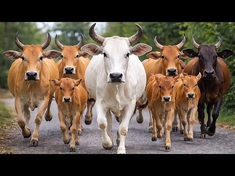 Dozens of cute and tame cows run around the village, chased by a shepherd - Cows Run - Cute Cows 79