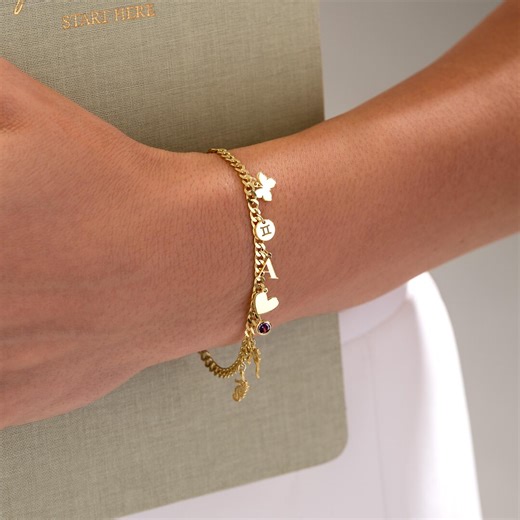 Custom Charm Bracelet in Curb Chain – Personalized Initial, Birthstone & Symbol Charms in 925 Sterling Silver, Gold, Rose Gold - Etsy