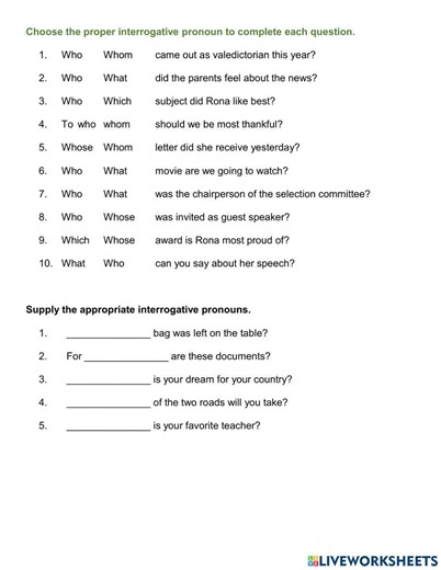 Interrogative Pronouns online exercise