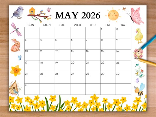 EDITABLE May 2026 Calendar, Printable Calendar W/ Cute Spring Yellow Flowers, Monthly Calendar, Family Calendar, Homeschool Planner Kids - Etsy