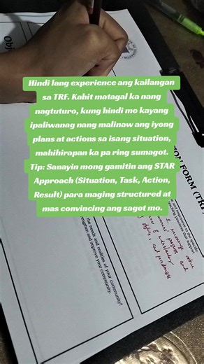 TRF 2026 Hindi lang experience ang kailangan sa TRF. Kahit matagal ka nang nagtuturo, kung hindi mo kayang ipaliwanag nang malinaw ang iyong plans at actions sa isang situation, mahihirapan ka pa ring sumagot. Tip: Sanayin mong gamitin ang STAR Approach (Situation, Task, Action, Result) para maging structured at mas convincing ang sagot mo. #trf #trf2026 #teacherreflectionform