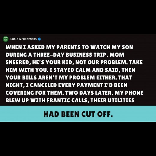 12K views · 154 reactions | I Asked My Parents to Watch My Son for 3 Days. He’s Your Problem, Not Ours, They Said. So I Made Their Bills Not My Problem Either. Two Days Later, Their Power, Water, and Cable Were All Cut Off—and My Phone Lit Up With Panic. | Jungle Safari Stories | Facebook