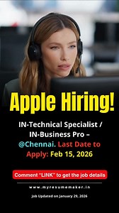 Join Apple in Chennai! New Technical Specialist & Business Pro roles open. Apply now! 🍎✨ Position: IN-Technical Specialist / IN-Business Pro Post Date: Jan 29, 2026 Last Date: Feb 15, 2026 (Estimated) Description: Focuses on helping customers with technical issues and providing business solutions in a high-traffic environment. Skills Required: Customer relationship management, technical troubleshooting, adaptability. Eligibility: Bachelor's degree or equivalent; 2 years experience in customer-f