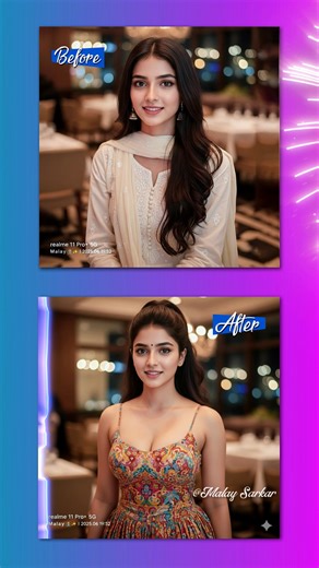 A stunning hyper-realistic AI artwork of a young Indian woman wearing a bright, multi-colored sleeveless Salwar Kameez with delicate dhaga-style straps and a deep scoop neckline. The portrait blends elegance, vibrancy, and Indian cultural charm in breathtaking detail. Perfect for art and fashion lovers. | Malay Sarkar