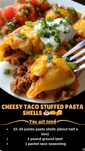 3.6K views · 25 reactions | Cheesy  Taco Stuffed Pasta Shells 燎 Stuffed pasta shells brimming with creamy, cheesy taco filling – a family-friendly comfort meal! Ingredients 22–24 jumbo pasta shells (about half a box) 1 pound ground beef 1 packet taco seasoning ..... Full Recipe in Coʍmеոτ   | Mommy Needs A Recipe | Facebook