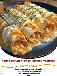 Baked Cream Cheese Chicken Taquitos 🌯🧀 Mix shredded chicken with cream cheese, salsa, and spices, roll in tortillas, brush with oil, and bake for 18 minutes until golden and crispy. → Ingredients 🛒 ½ cup shredded cheddared chicken 4 oz cream cheese ½ cup shredded cheddar ¼ cup salsa, your preferred heat level 1 teaspoon ground cumin 1 teaspoon chili powder ...... 📌 Recipe in First Comment 👇 Enjoy ❤️👇👇👇 | Recipes by Rose