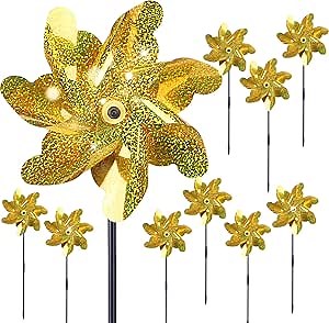 BATTIFE Reflective Pinwheels for Yard and Garden, Pre-Installed Sparkly Blind Birds Pin Wheel, Scare Birds & Animal Away Wind Spinner, 10 Pack (Gold)