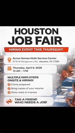 🚨 Houston Job Alert 🚨 If you need a job… show up. Simple. Hiring event this Thursday with multiple employers ready to meet you 💼 📍 Acres Homes Multi-Service Center ⏰ 10AM – 1PM Come prepared, bring your resume, and be ready to talk. Opportunities don’t always come twice—don’t miss this one 👀 #HoustonHiring #HoustonJobs #JobFairHouston #HoustonCareers