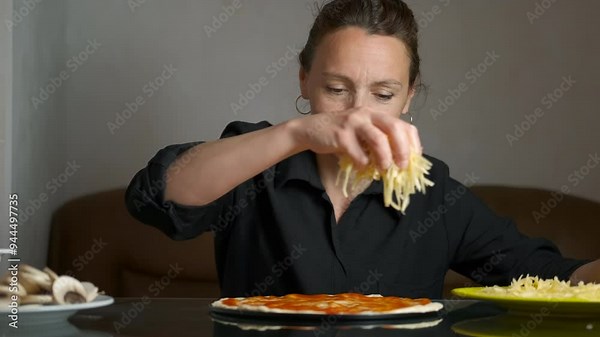 Smiling housewife add cheese on pizza. A view of happy housewife decorated the uncooked pizza with grated cheese on the table.