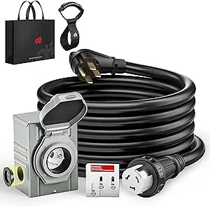 dé 50 Amp Generator Cord 15FT and Pre-Drilled Power Inlet Box & Interlock Kit, 4 Prong Generator Power Cord, 125V/250V RV Extension Cord, NEMA 14-50P/SS2-50R Twist Lock, 6/3+8/1 AWG Wire - ETL Listed