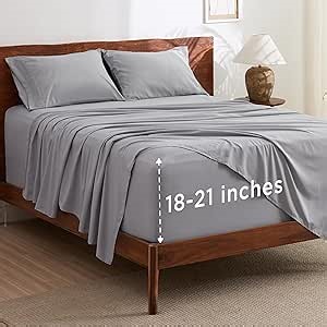 Bedsure Deep Pocket Queen Sheets Set - Fits Mattresses Up to 21 Inches Thick - 4 Piece GentleSoft Bed Sheets, Moisture Wicking, Soft & Cooling Bedsheet & Pillowcases, Easy & Secure Fit, Light Grey