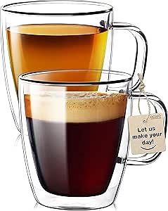 Eparé 13 oz Double Wall Coffee Mugs Set of 2 - Large Iced Latte Glass Coffee Cups with Handle - Lightweight Double Walled Glass Coffee Mug - Cappuccino, Tea, or Espresso Glass Cups