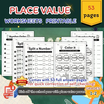 Back to School Place Value Bundle 53 Pages 1st & 2nd Grade Math Practice