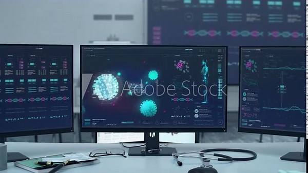 Virus Microbe Scan By Innovative Microscope Examination Software Detects Sars-Cov 2. Covid Virus Microbe Study. Futuristic Biology Scan. Virus Vaccine Research. Disease Microbe Scan In Human Body