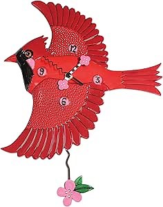 Enesco Allen Designs Cardinal's Song Bird with Flower Sculpted Pendulum Wall Clock, 12.2 Inch, Red