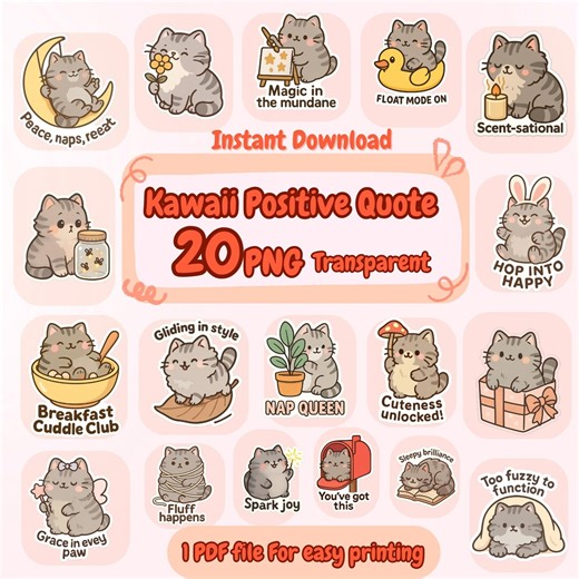 Kawaii Cat Motivation Stickers – 20 Positive Planner Quotes PNG & PDF (digital Download) - Etsy