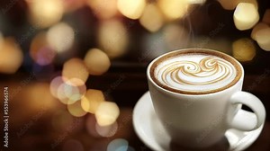 Steaming coffee in a cafe ana a bokeh dark background. Loop. 18. 18 seconds